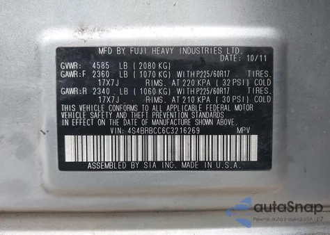 2012 Subaru Outback 2.5I Premium from USA, damaged, VIN 4S4BRBCC6C3216269